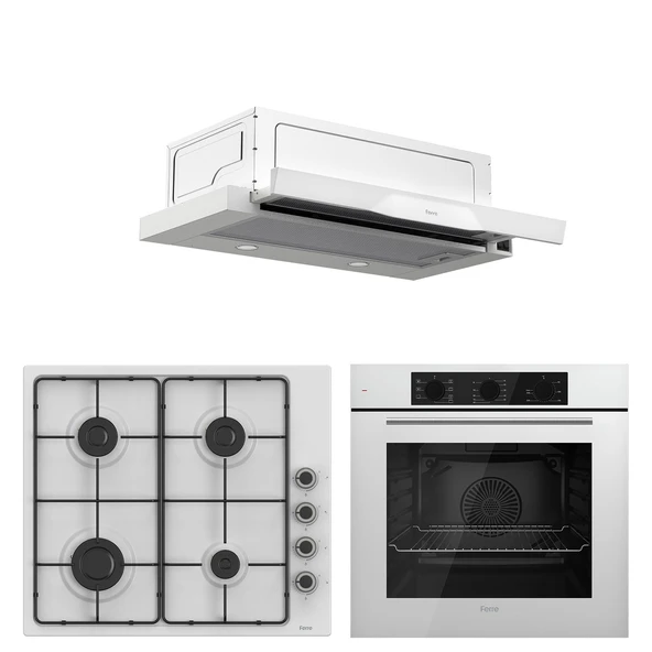 Ferre QBL62CB - EL066 -D037 60 cm Beyaz Emaye Turbolu Aspiratörlü Ankastre Set - Yeni ürün görseli