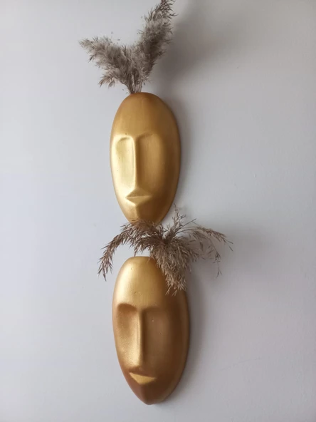 Dekoratif 2'li Yüz Duvar Vazosu, Duvar Süsü, Heykel Aksesuar Gold Maske ürün görseli 1