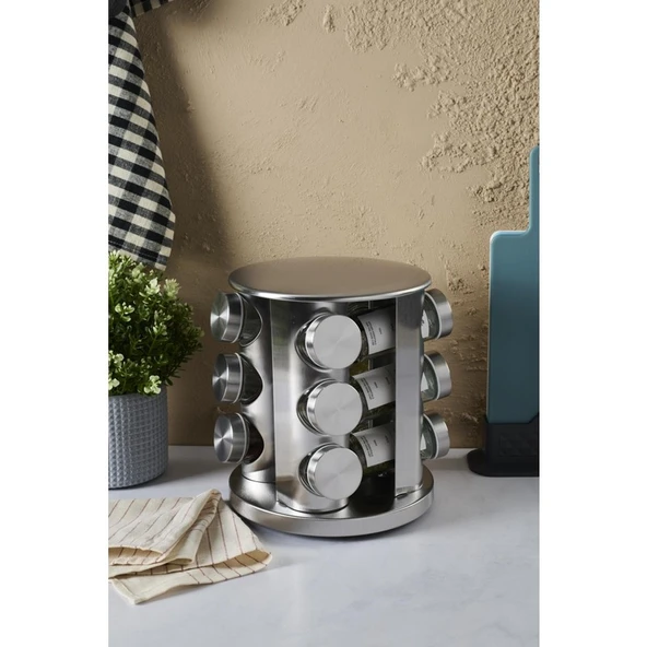 Perotti Metal Döner Standlı Yuvarlak Cam Metal Kapaklı Casa Inox 12`li Standlı Baharatlık Seti