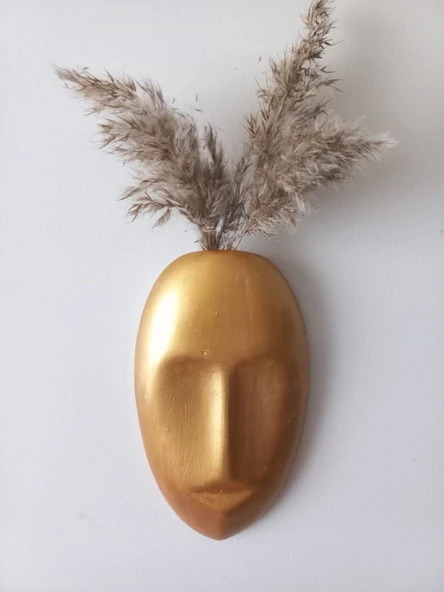 Dekoratif Maske Duvar Vazosu, Duvar Dekoru, Heykel Duvar Süsü, Gold - Resim 4