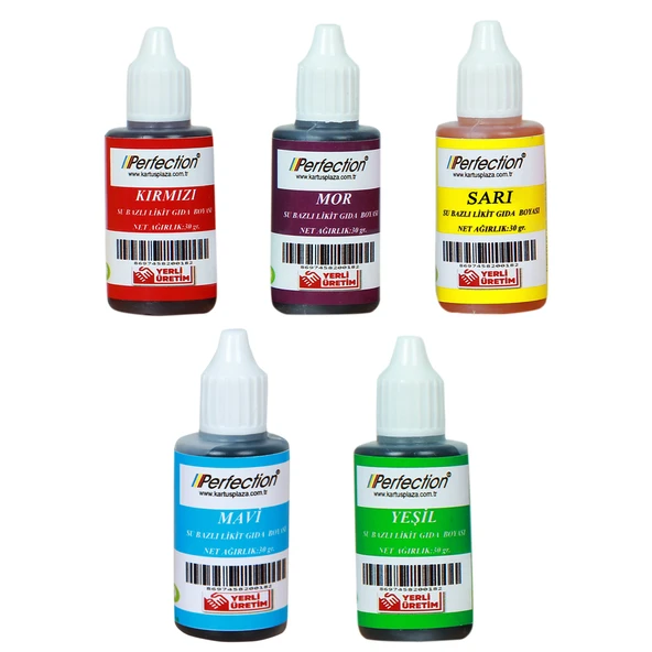 Perfection CHEF 5'li Sıvı Su Bazlı Likit Gıda Boyası Mor Sarı Kırmızı Mavi Yeşil 5 X 30 gr . ürün görseli