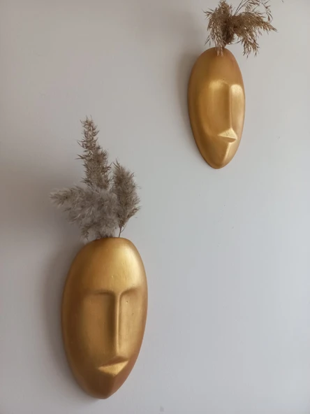 Dekoratif 2'li Yüz Duvar Vazosu, Duvar Süsü, Heykel Aksesuar Gold Maske - Resim 2