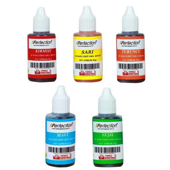 Perfection CHEF 5'li Sıvı Su Bazlı Likit Gıda Boyası Turuncu Sarı Kırmızı Mavi Yeşil 5 X 30 gr . ürün görseli
