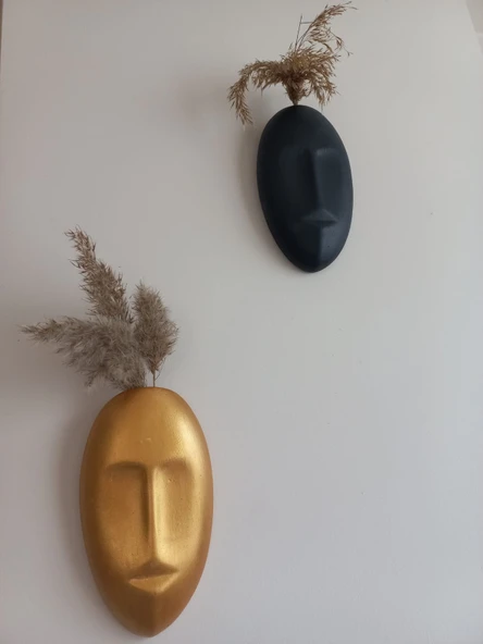 Dekoratif 2'li Yüz Duvar Vazosu, Duvar Süsü, Heykel Aksesuar Siyah Gold Maske - Resim 2