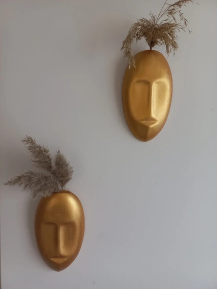 Dekoratif 2'li Yüz Duvar Vazosu, Duvar Süsü, Heykel Aksesuar Gold Maske - Resim 4