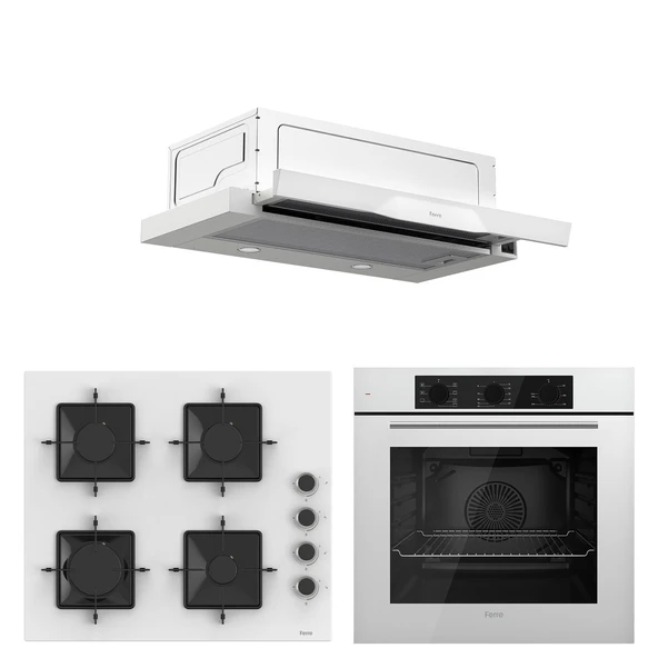 Ferre QBL62CB - SS206 -D037 60 cm Beyaz Cam Turbolu Aspiratörlü Ankastre Set - Yeni ürün görseli 1