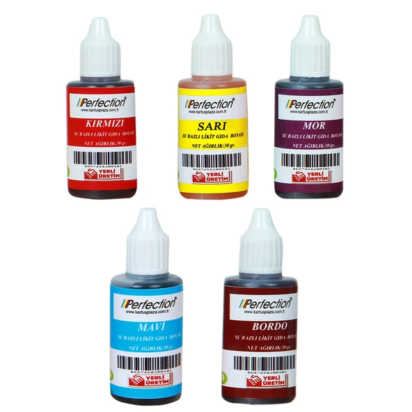 Perfection CHEF 5'li Sıvı Su Bazlı Likit Gıda Boyası Mor Sarı Kırmızı Mavi Bordo 5 X 30 gr . ürün görseli