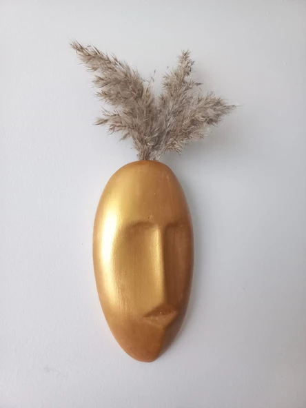 Dekoratif Maske Duvar Vazosu, Duvar Dekoru, Heykel Duvar Süsü, Gold - Resim 2