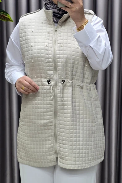 Kadın Giyim Büyük Beden İnci Detay Kapitone Yelek - Resim 8