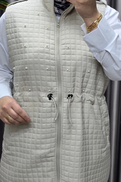 Kadın Giyim Büyük Beden İnci Detay Kapitone Yelek - Resim 10