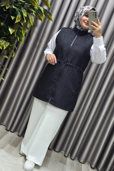 Kadın Giyim Büyük Beden İnci Detay Kapitone Yelek - Resim 6