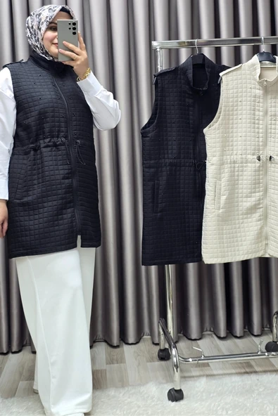 Kadın Giyim Büyük Beden İnci Detay Kapitone Yelek - Resim 2