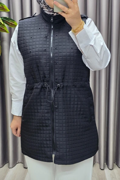 Kadın Giyim Büyük Beden İnci Detay Kapitone Yelek - Resim 4