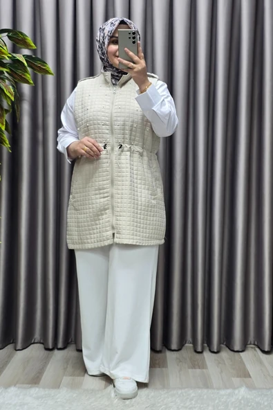 Kadın Giyim Büyük Beden İnci Detay Kapitone Yelek - Resim 7