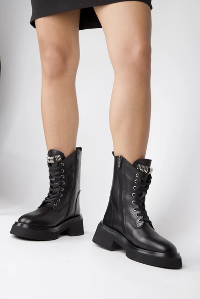 Stato - Siyah Hakiki Deri Fermuarlı Kadın Postal Bot - Resim 3