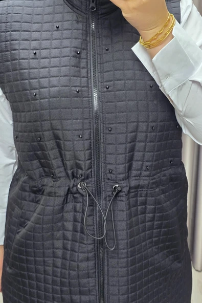 Kadın Giyim Büyük Beden İnci Detay Kapitone Yelek - Resim 5