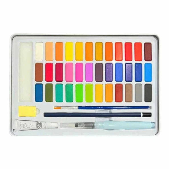 36 Renk Profesyonel Suluboya Seti - Fırça, Su Kalemi, Sünger ve Akrilik Beyaz Boya (Metal Kutulu) - Resim 2