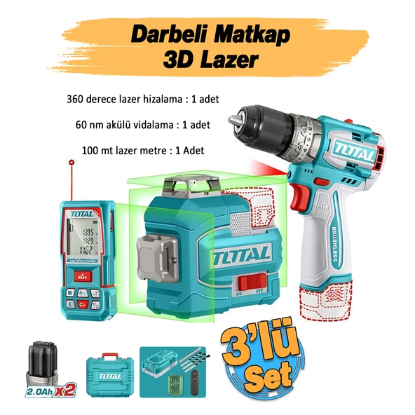 Total TOSLI250101E Avantaj 3'lü Set Darbeli Matkap 16V Kablosuz 3D Lazer 100 Metre Hizalama Ölçme - Resim 2
