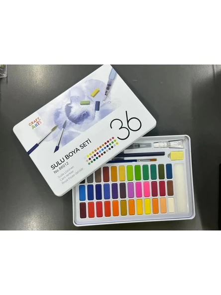 36 Renk Profesyonel Suluboya Seti - Fırça, Su Kalemi, Sünger ve Akrilik Beyaz Boya (Metal Kutulu) ürün görseli