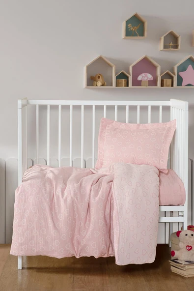 Kanz Jakarlı Müslin Bebek Nevresim Takımı Knz-013 Heart Pembe