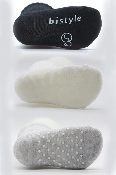 Bistyle Basic Kaymaz Penye Soket Çorap 3'Lü BS10106 Siyah Ekru Gri - Resim 3