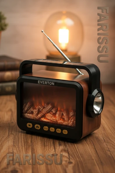 RT-734 Gerçek Eskitme Görünümlü Şömine Efektli Nostaljik Radyo | Güneş Enerjili, Bluetooth'lu, Fenerli - 2