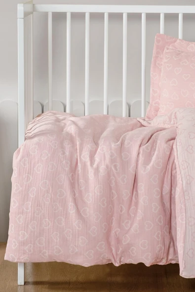 Kanz Jakarlı Müslin Bebek Nevresim Takımı Knz-013 Heart Pembe - 2