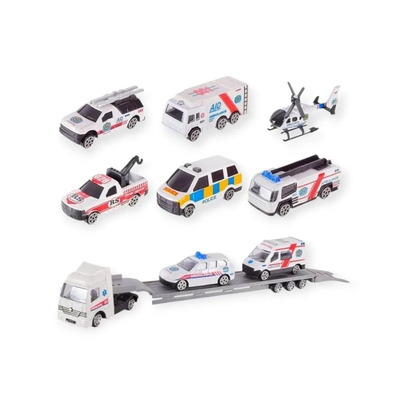 10 Parça Araç Taşıyan Tır Seti - Die Cast - DS047 - Ambulans ürün görseli