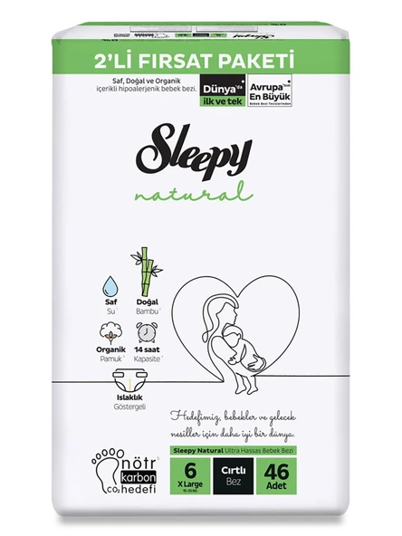 Sleepy Natural Bebek Bezi 2'Li Fırsat Paketi 6 Beden 15-25 Kg 46 Adet ürün görseli