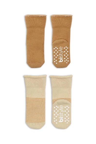 Bistyle Çemberli Kaymaz Havlu Soket Çorap 2'Li BS10503 Bej-Hardal - 3
