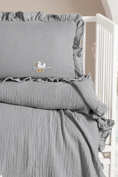 Kanz 4 Kat Hand Made Fırfırlı Müslin Örtü Seti Knz-020 Gri - 3