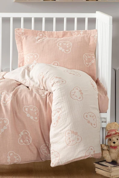 Kanz Jakarlı Müslin Bebek Nevresim Takımı Knz-013 Bear Pudra - 2