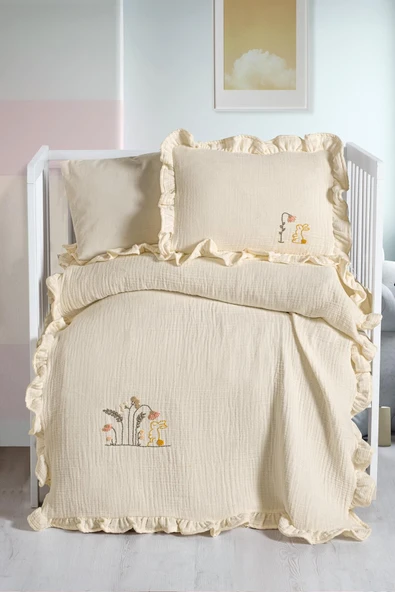 Kanz 4 Kat Hand Made Fırfırlı Müslin Örtü Seti Knz-020 Krem