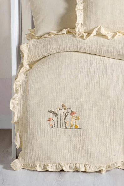 Kanz 4 Kat Hand Made Fırfırlı Müslin Örtü Seti Knz-020 Krem - 3