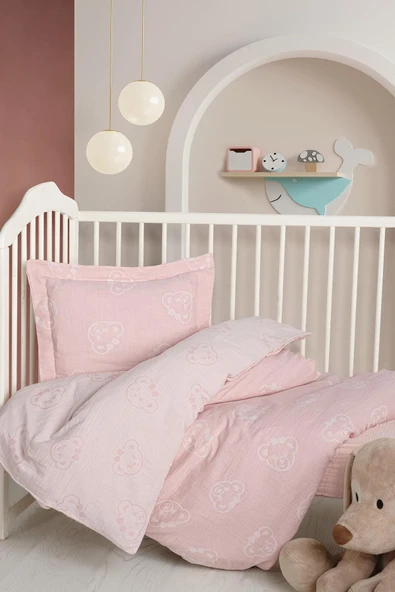 Kanz Jakarlı Müslin Bebek Nevresim Takımı Knz-013 Bear Pembe