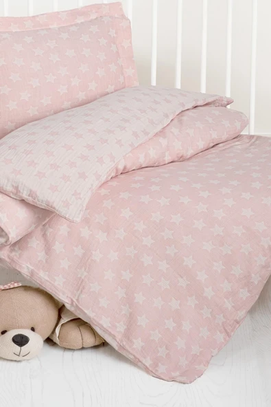 Kanz Jakarlı Müslin Bebek Nevresim Takımı Knz-013 Stars Pembe - 3