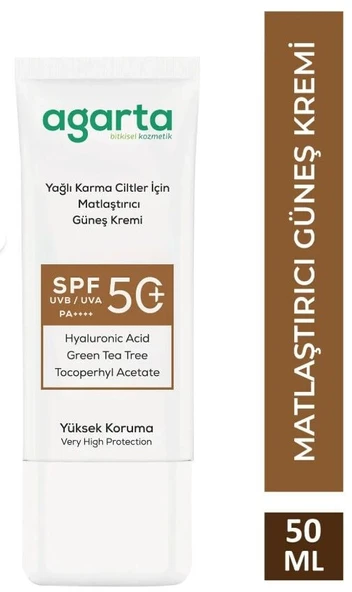 Agarta Doğal Güneş Kremi Yağlı Karma Ciltler İçin Matlaştırıcı 50 SPF 50 ml