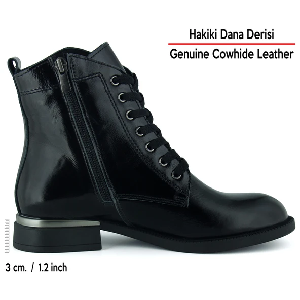 Erkan Saçmacı Siyah Rugan Hakiki Dana Derisi Taşlı Bağcıklı Fermuarlı Yuvarlak Burun Kalın Topuklu Günlük Bot - 2