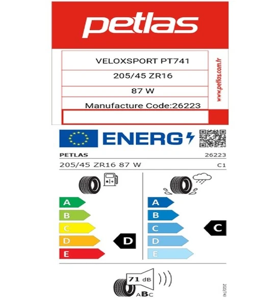 Petlas 205/45 R16 TL 87W REINF. VELOX SPORT PT741 Yaz Lastiği (Üretim Tarihi:2025) - Resim 2