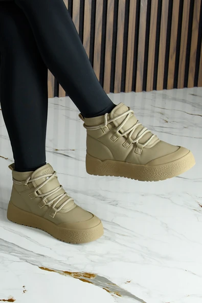 Erkan Saçmacı Vizon Vegan Kürk Astarlı Bağcıklı Yuvarlak Burun Flatform Taban Günlük Bot - 3