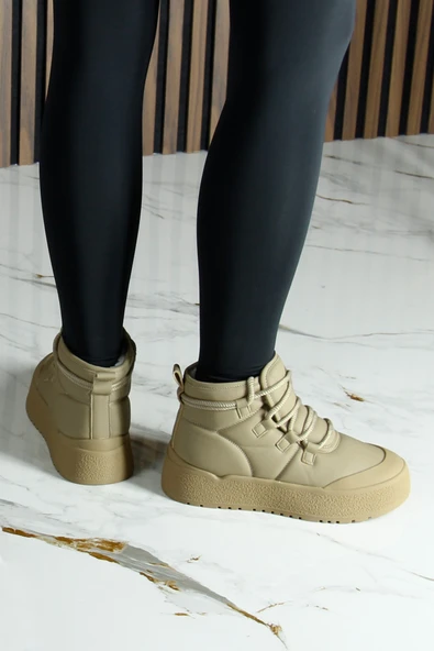 Erkan Saçmacı Vizon Vegan Kürk Astarlı Bağcıklı Yuvarlak Burun Flatform Taban Günlük Bot - 6