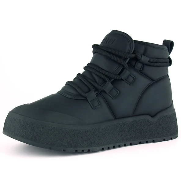 Erkan Saçmacı Siyah Vegan Kürk Astarlı Bağcıklı Yuvarlak Burun Flatform Taban Günlük Bot