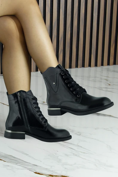 Erkan Saçmacı Siyah Rugan Hakiki Dana Derisi Taşlı Bağcıklı Fermuarlı Yuvarlak Burun Kalın Topuklu Günlük Bot - 3