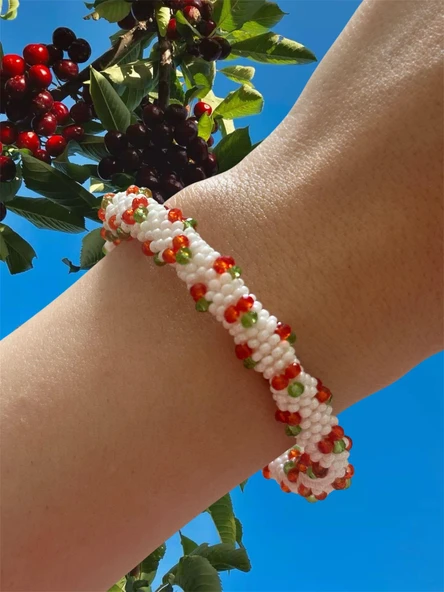 Pofuduk Kiraz El İşçiliği Kadın Bileklik BLKS1 Beyaz Renk 19cm Takı - Resim 2