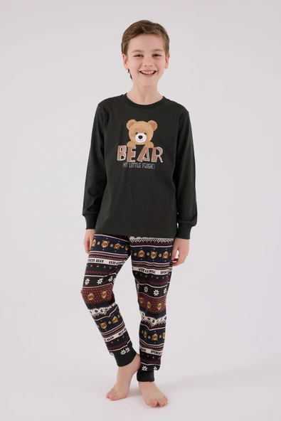 Arnetta Garson Erkek Çocuk Aile Bear My Little Friend %100 Pamuklu 4 Mevsim Uzun Kollu Pijama Takım - 3