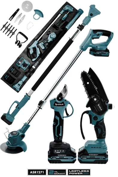 Assur Profesyonel 4'lü Set 21V Teleskopik Bağ Makası & Çim Biçme Makinesi & Budama Testeresi - Resim 2