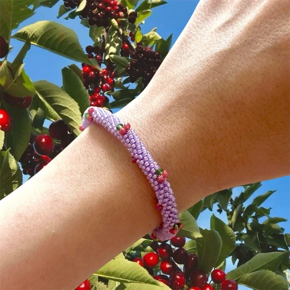 Pofuduk Kiraz El İşçiliği Kadın Bileklik BLK2 Lila Renk 19cm Takı - Resim 2