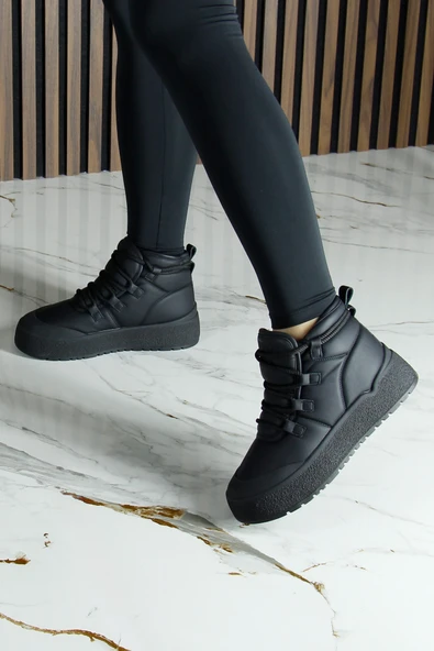 Erkan Saçmacı Siyah Vegan Kürk Astarlı Bağcıklı Yuvarlak Burun Flatform Taban Günlük Bot - 5