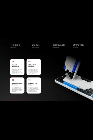 Rampage Nimbus Beyaz USB Rainbow Türkçe Red Switch 26 Tuş Anti-Ghosting Mekanik Klavye Oyuncu Klavyesi - Resim 6