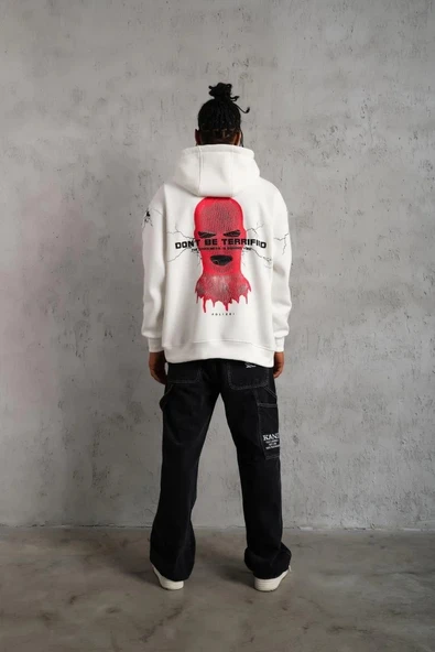 Erkek Oversize Üç İplik Kapüşonlu Sweatshirt – “Don’t Be Terrified” Ön, Sırt ve Kol Baskılı, Kanguru Cepli, Ribanalı Rah - Resim 5